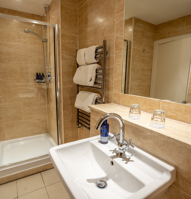 Bathroom with sink, shower, and towel rack.
