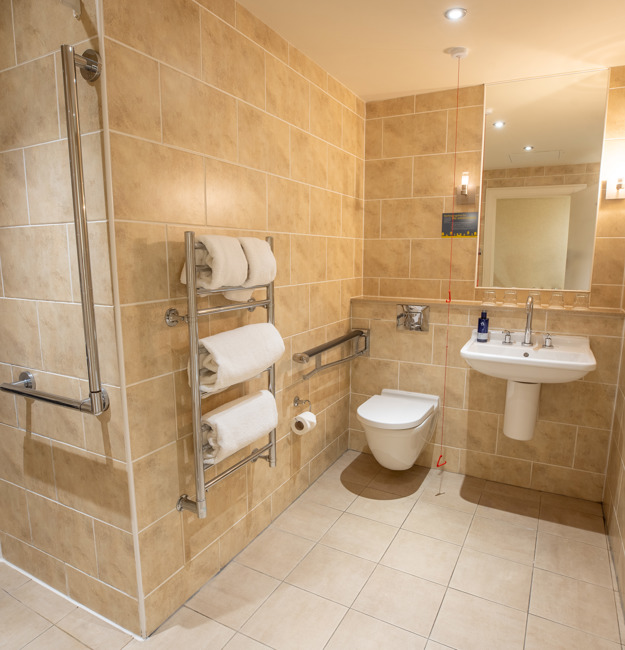 Accessible bathroom with toilet, sink, mirror, towel rack, bathtub, separate walk-in shower with shower chair.