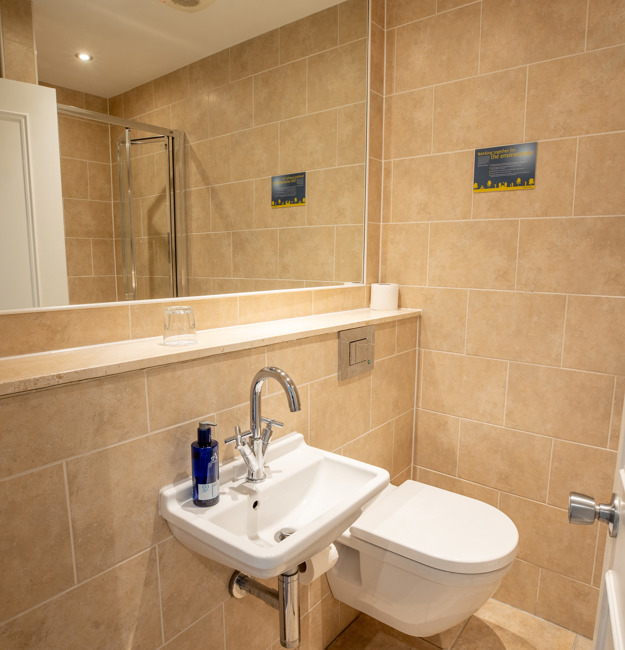 Bathroom with toilet, sink and mirror.