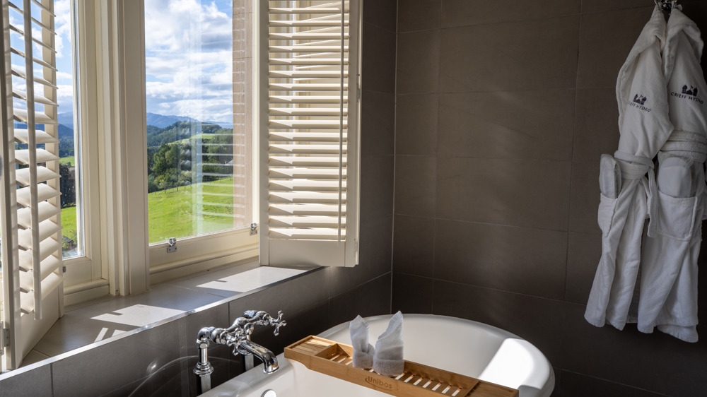 Standalone bathtub in front of a window on a bright sunny day.